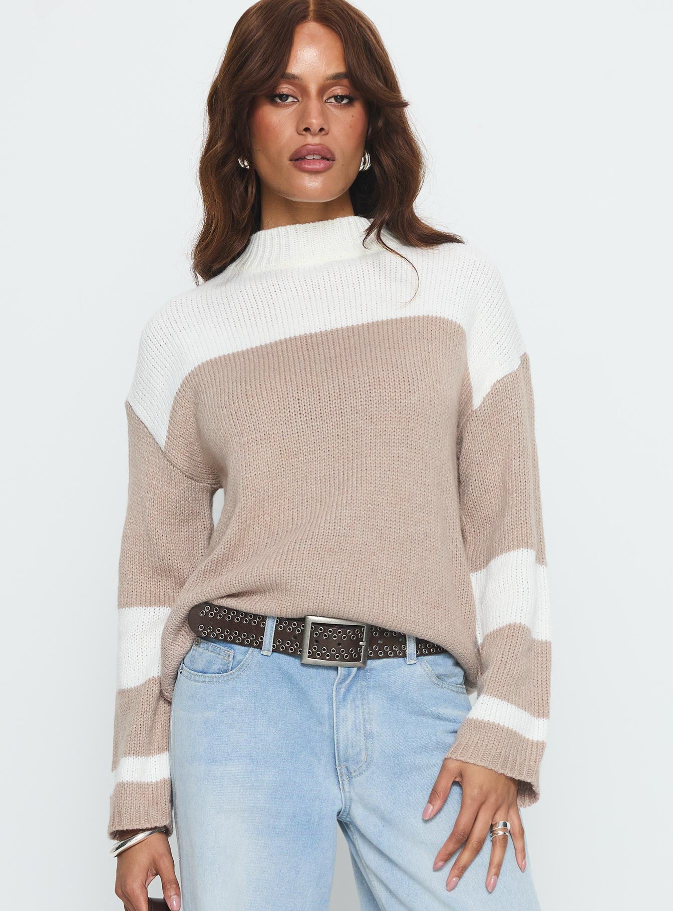 front view of model wearing Princess Polly Brandalyn Contrast Mock Neck Knit Sweater Multi 
