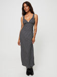 Geo print maxi dress Fixed wide straps, v-neckline, slight ruching at bust, waist tie, invisible zip fastening at side