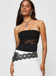 Strapless lace top Elasticated band at bust, asymmetric hem Good stretch, lined bust