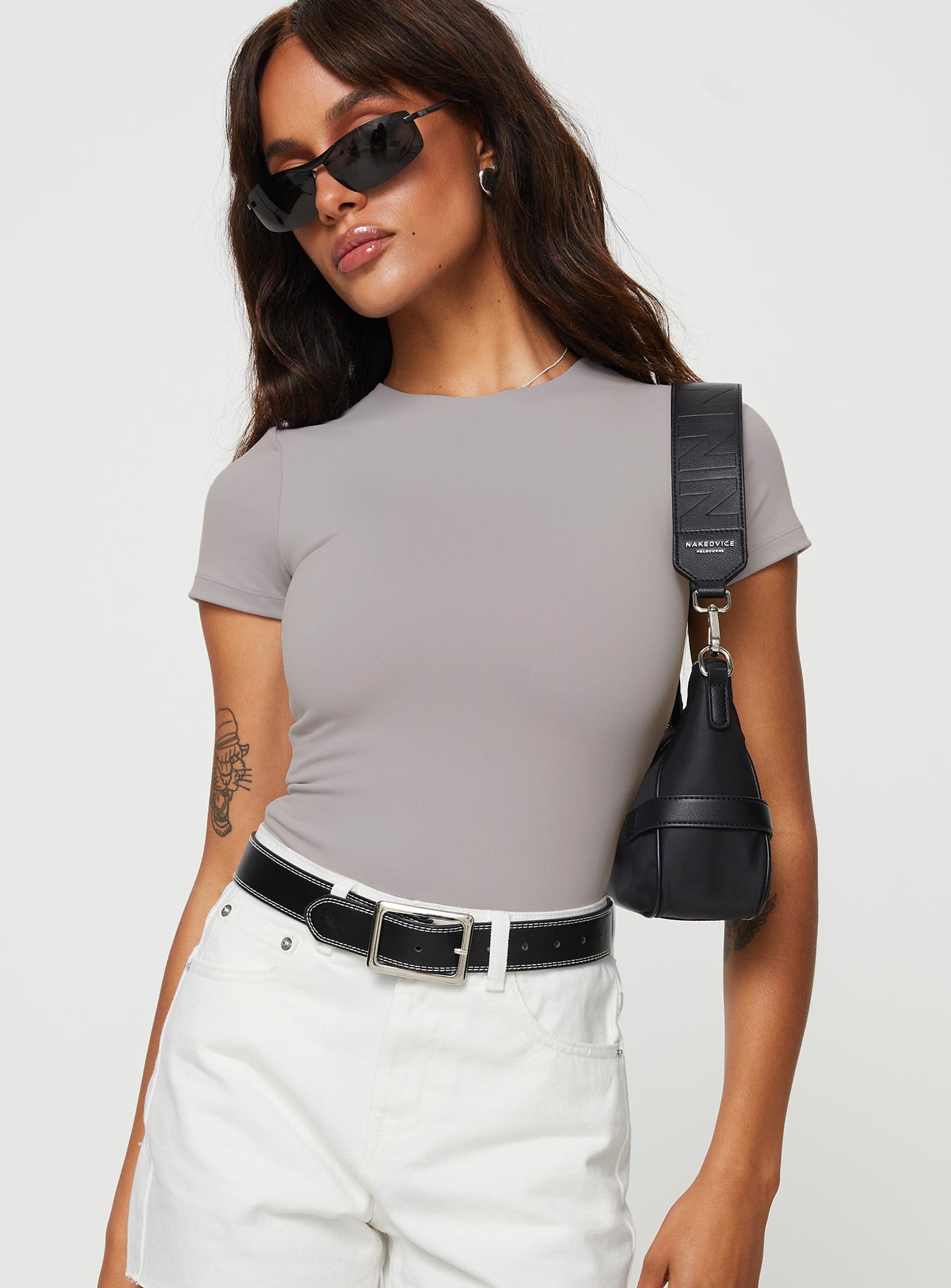 back view of model wearing Princess Polly Attice Bodysuit Soot Short Sleeves 