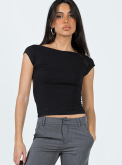 Front view of model wearing  front Princess Polly Short Sleeves Square Neck  Rosalinda Top Black Lower Impact