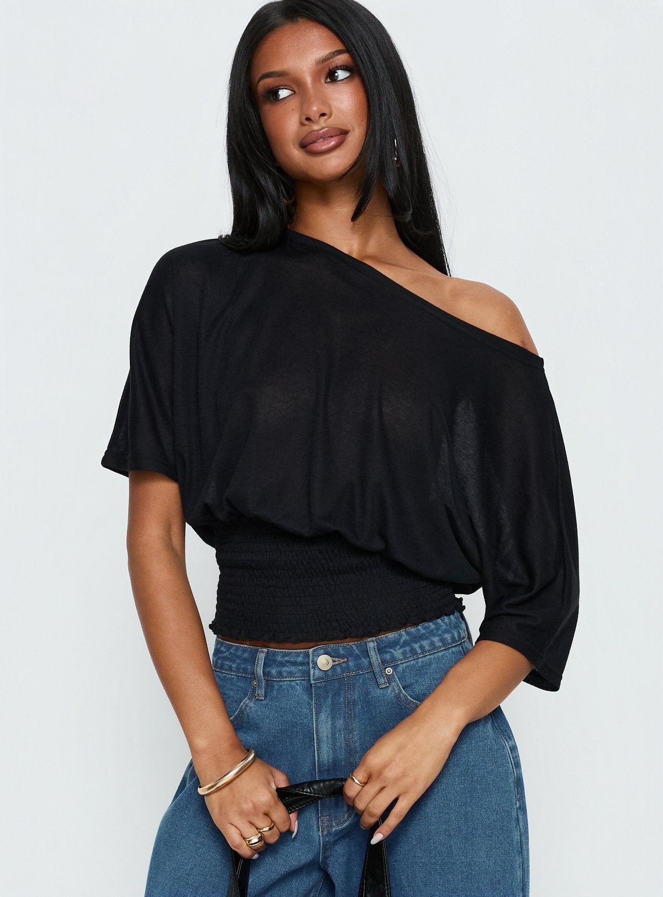 Dayten Off Shoulder Sheer Top Black | Princess Polly