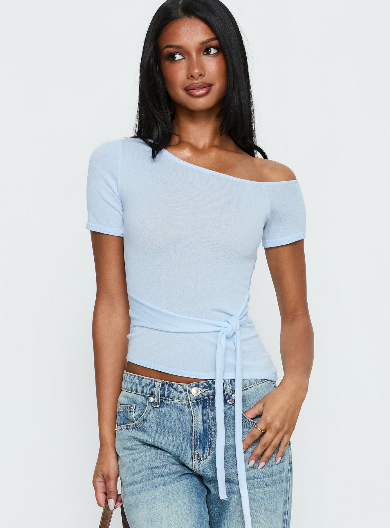 Kastor One Shoulder Short Sleeve Top Pale Blue | Princess Polly