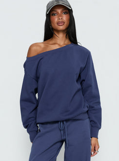 front view of model wearing Princess Polly Wellness Off the Shoulder Jumper Navy 