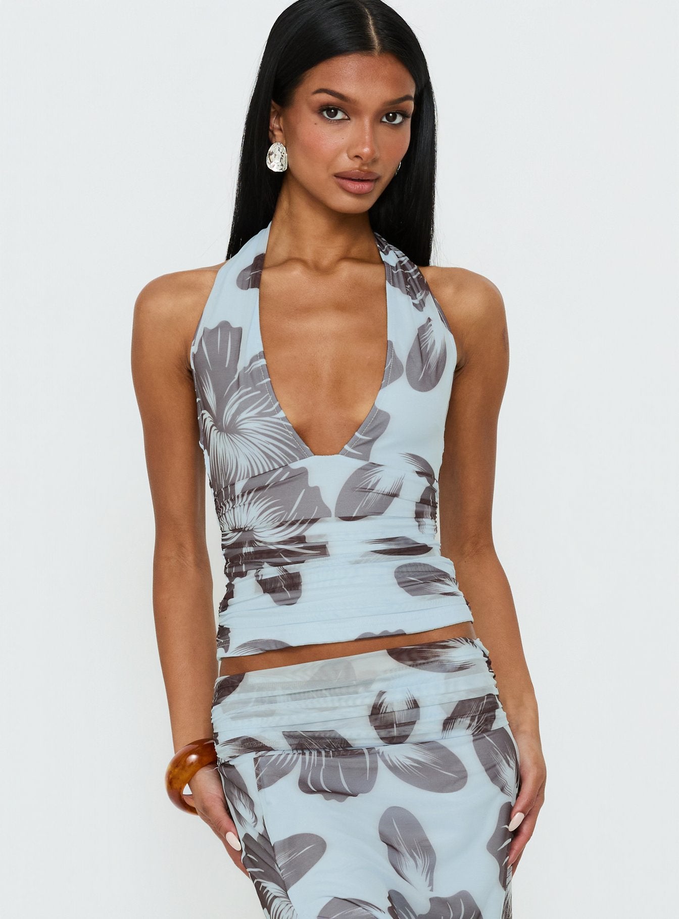 Roselin Mesh Halter Top Blue Floral | Princess Polly