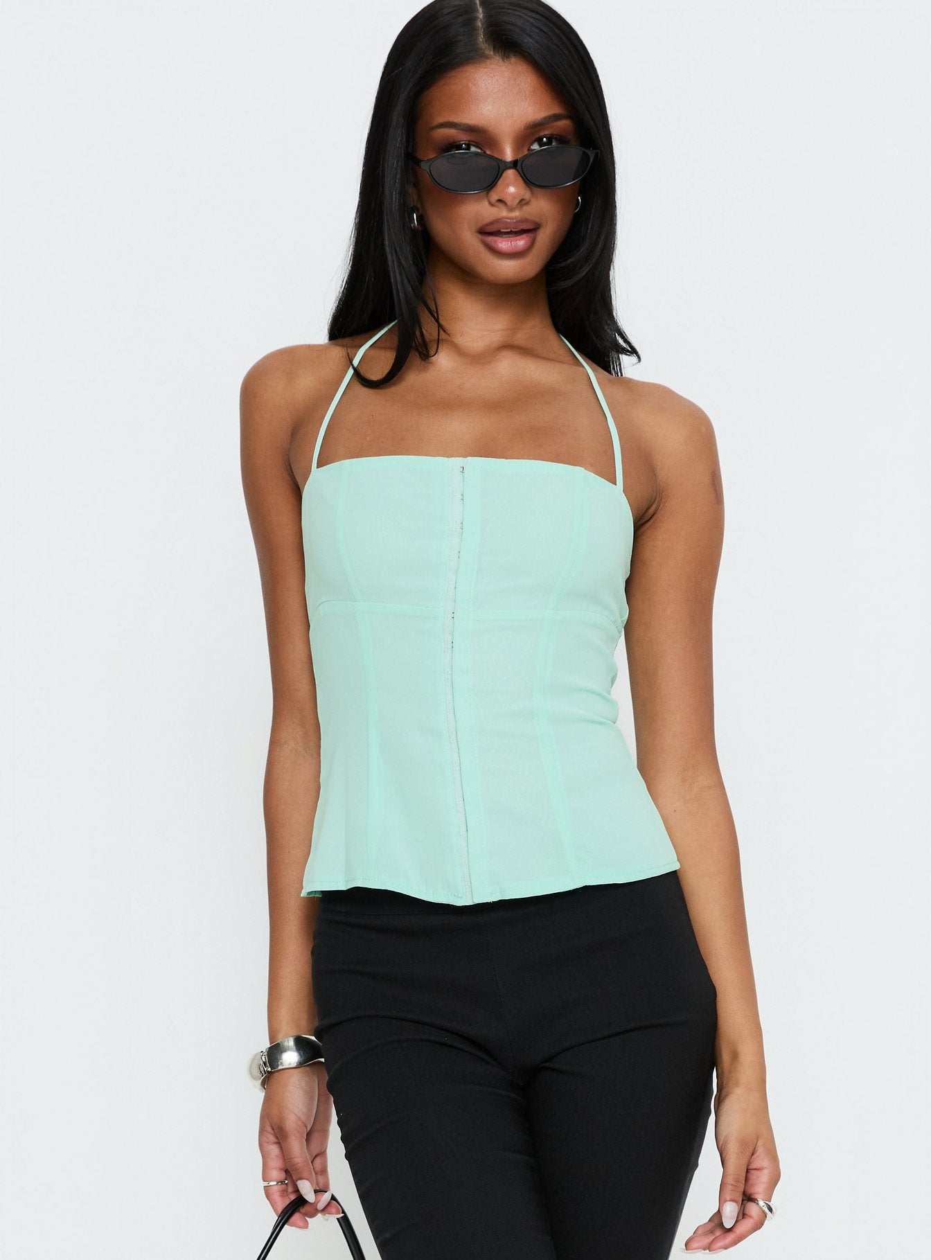 Delamere Tie Neck Top Aqua | Princess Polly