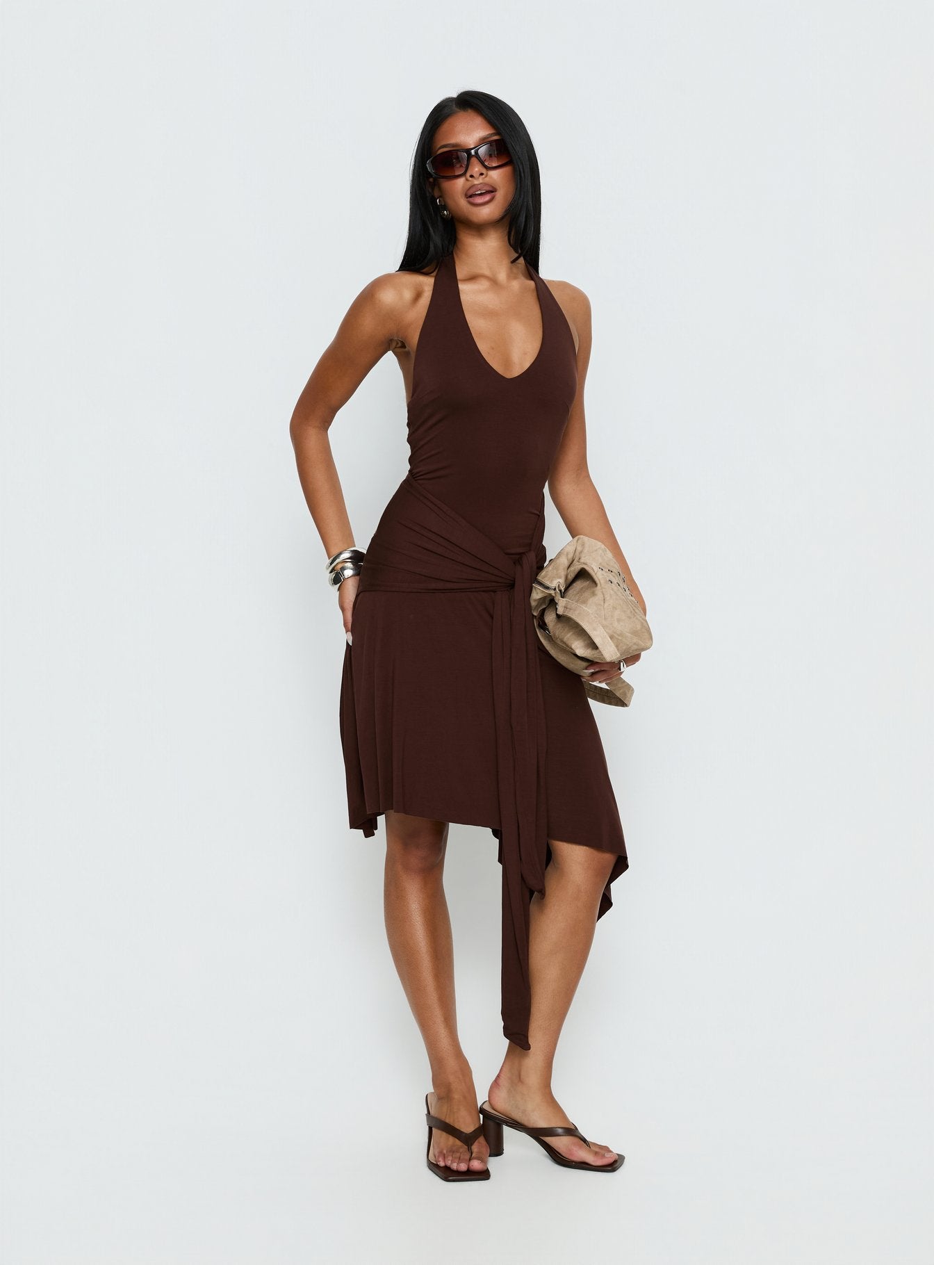 Moonlit Honey Asymmetrical Halter Jersey Midi Dress | Chocolate Moonlit Honey Asymmetrical Halter Jersey Midi Dress | Chocolate