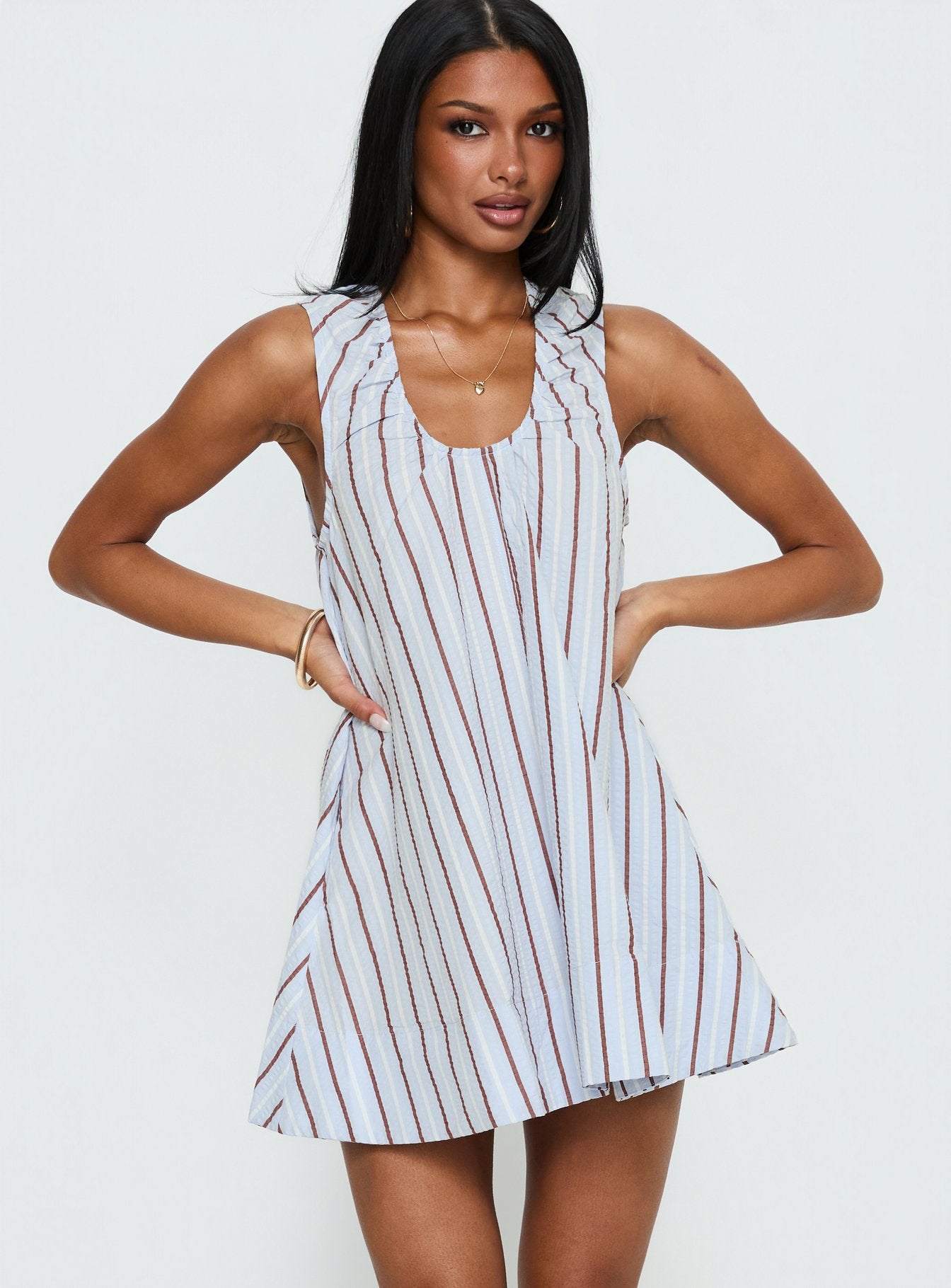 Eberta Ruched Baby Doll Mini Dress Blue Stripe