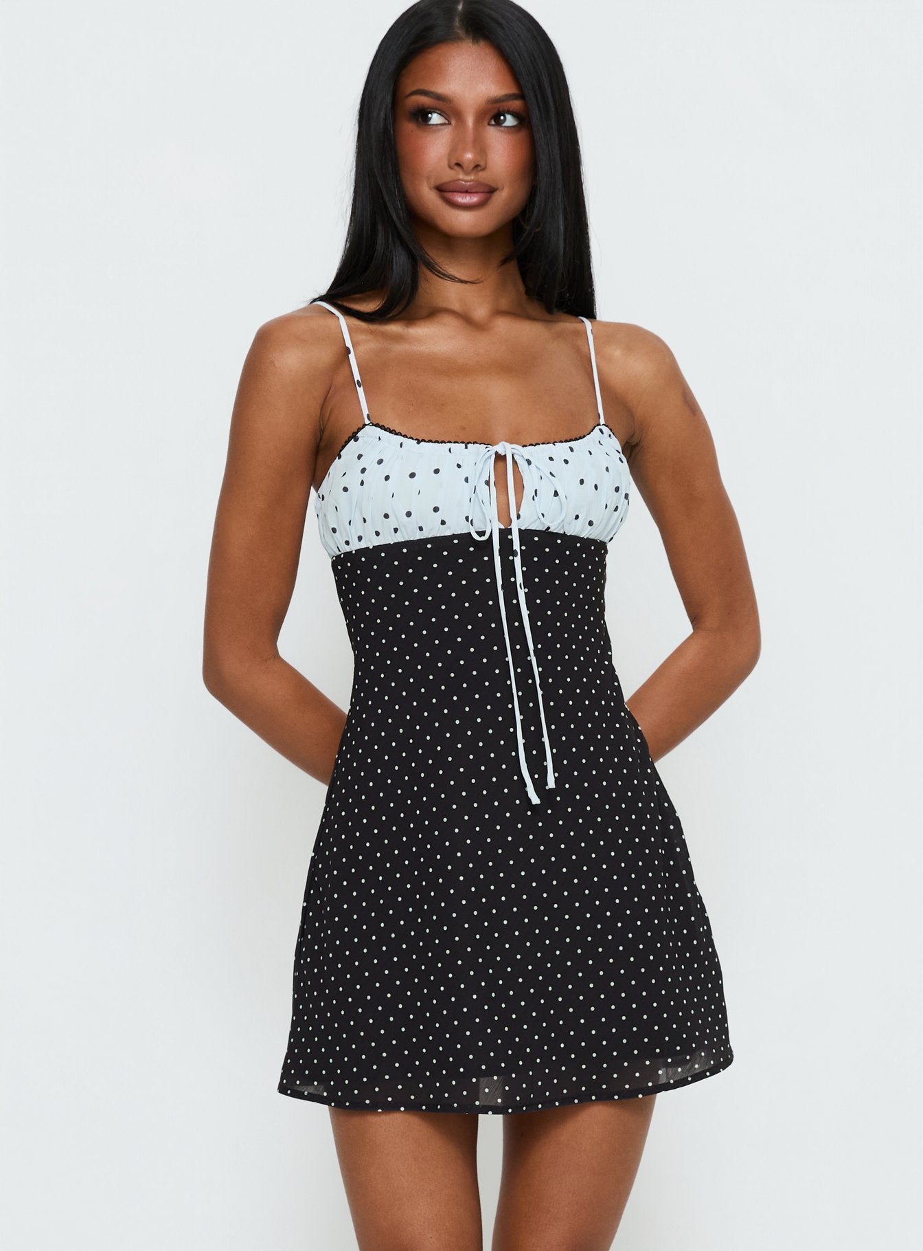 Rylann Contrast Tie Detail Mini Dress Navy | Blue Polka | Navy | Blue Polka | Womens | Princess Polly Lower Impact Rylann Contrast Tie Detail Mini Dress Navy | Blue Polka | Navy | Blue Polka | Womens | Princess Polly Lower Impact