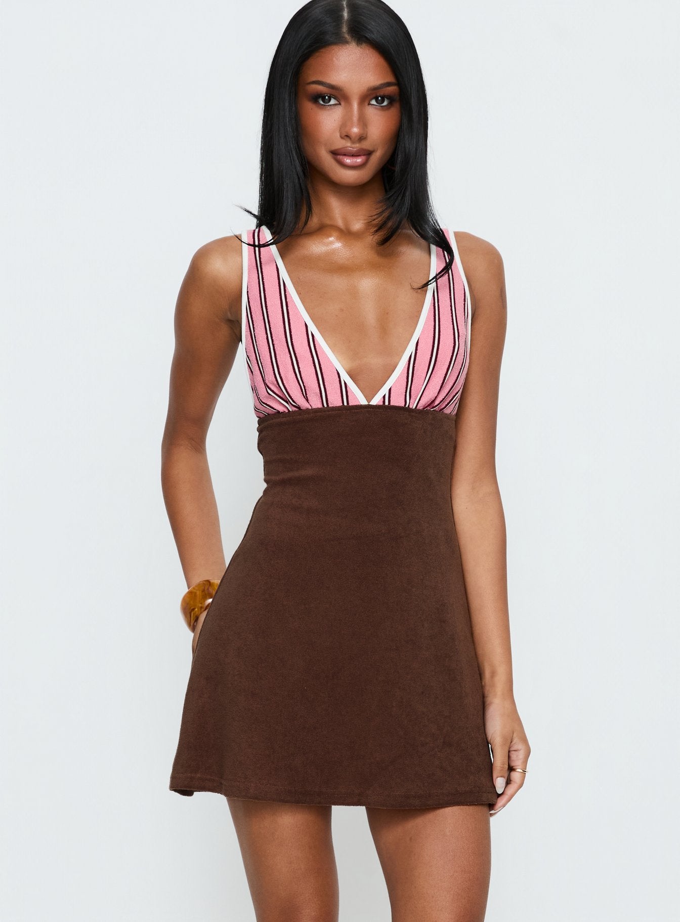 Aydenn Contrast Plunge Mini Dress Pink / Brown | Princess Polly
