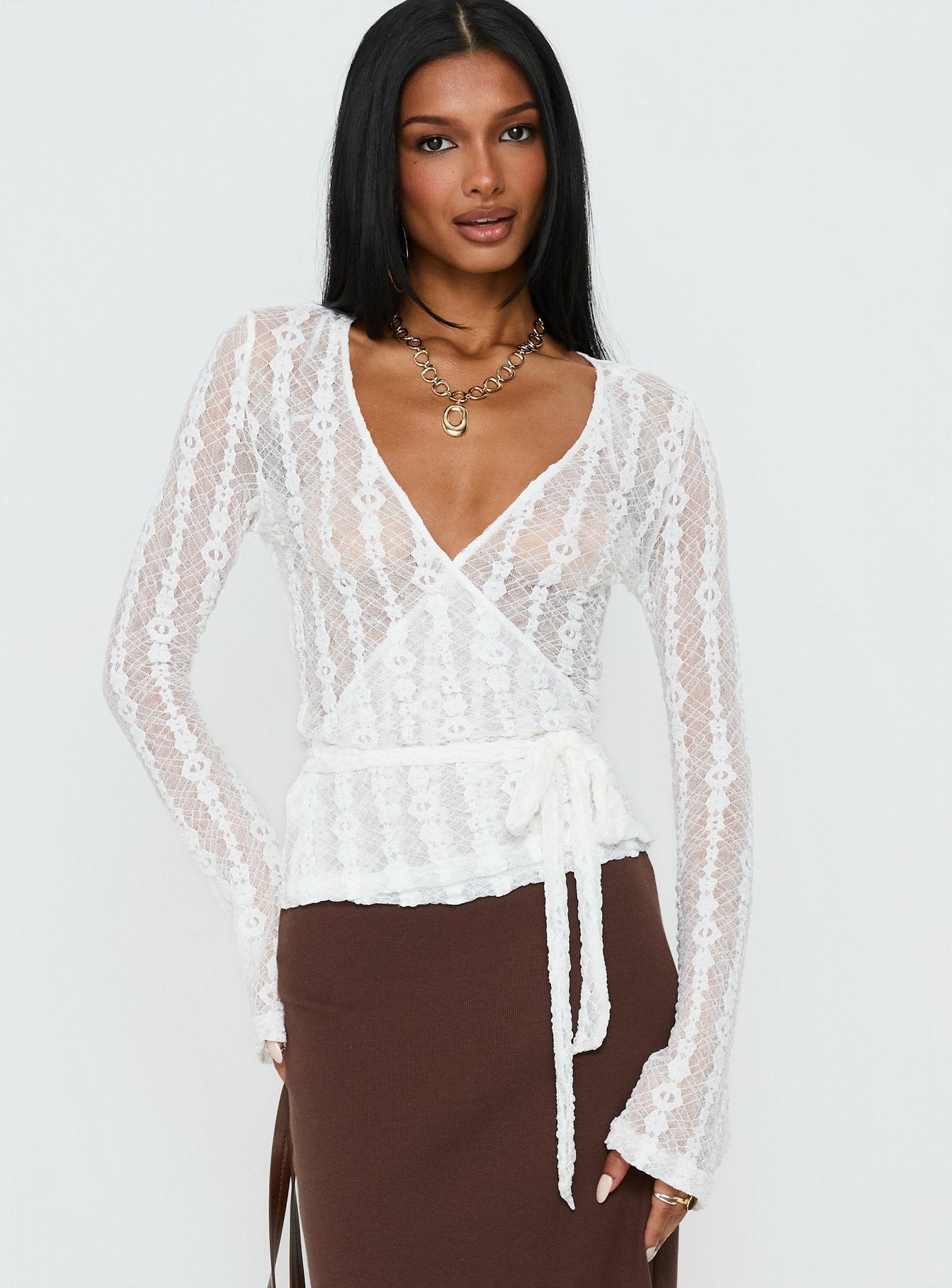 Melara Lace Long Sleeve Wrap Top White | Princess Polly