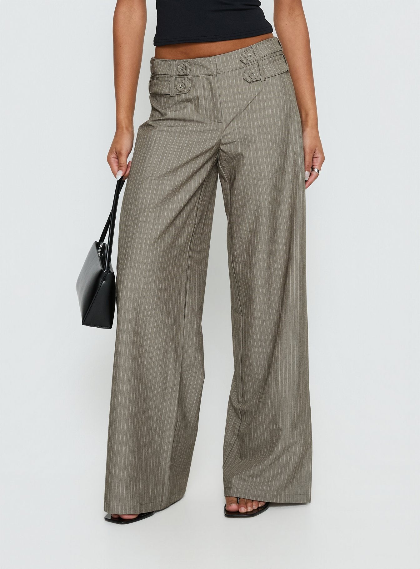back view of model wearing Princess Polly Jette Tailored Buckle Pant Taupe Pinstripe Mid Rise Pants 