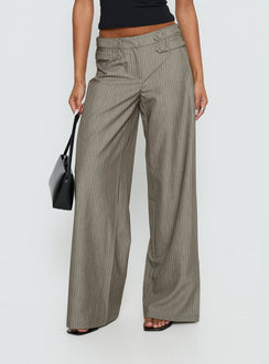 back view of model wearing Princess Polly Jette Tailored Buckle Pant Taupe Pinstripe Mid Rise Pants 