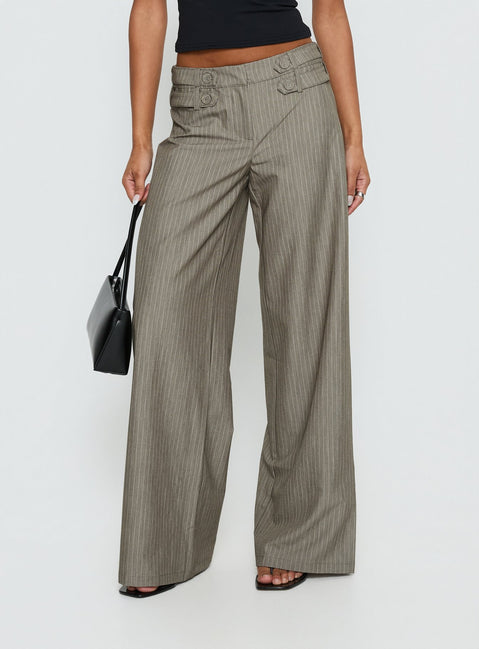 back view of model wearing Princess Polly Jette Tailored Buckle Pant Taupe Pinstripe Mid Rise Pants 