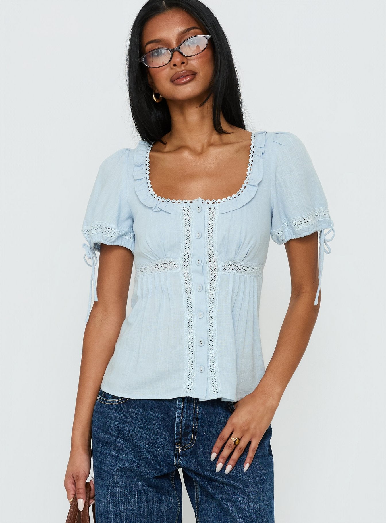 トップス andmary Paula lacey chiffon tops blue andmary Paula lacey chiffon tops blue - メルカリ