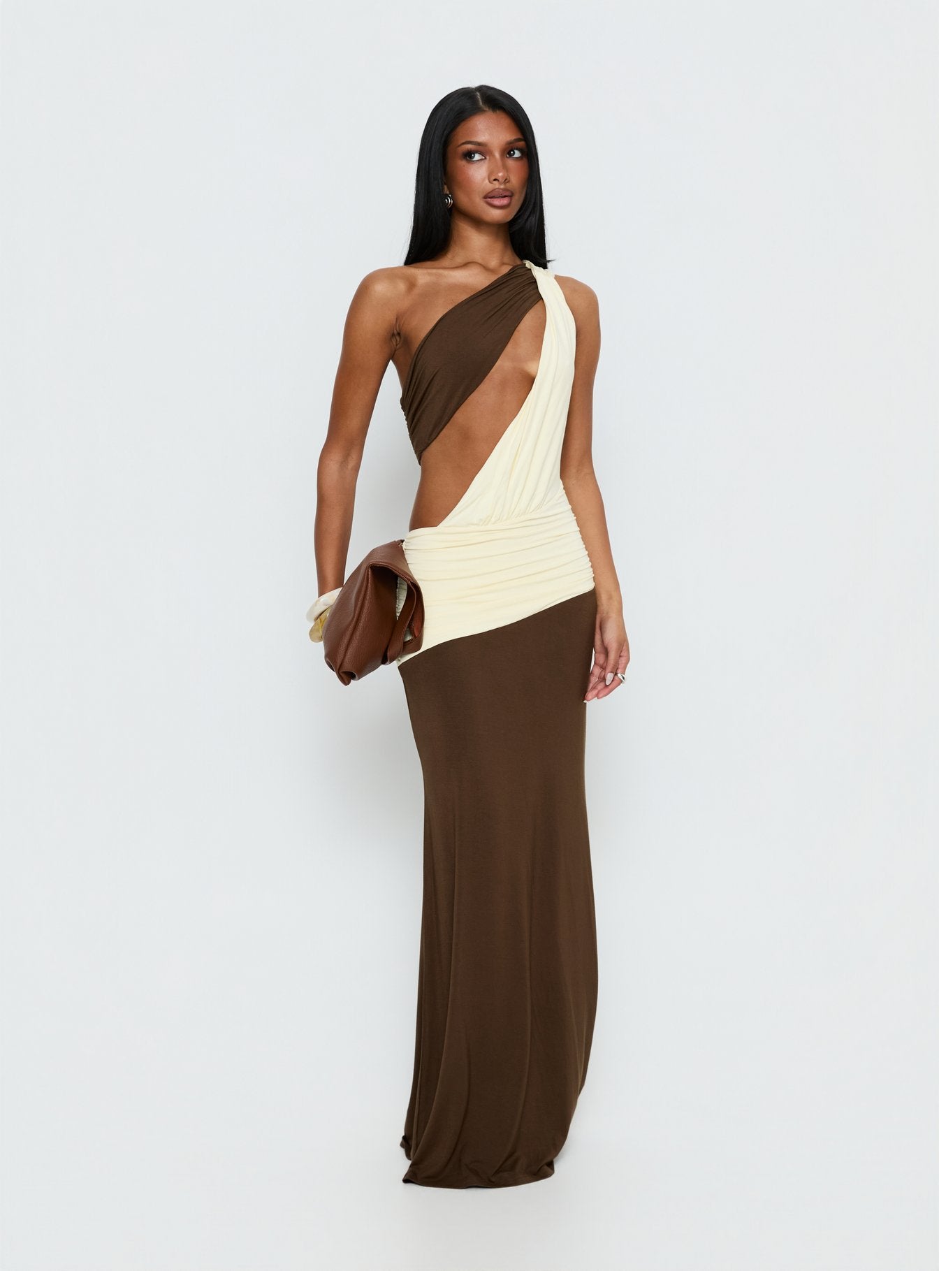 Loletta Draped One Shoulder Maxi Dress / Chocolate / Yellow