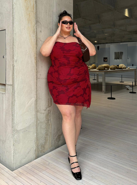 Donelli Mini Dress Burgundy / Red Floral Curve | Princess Polly Donelli Mini Dress Burgundy / Red Floral Curve | Princess Polly