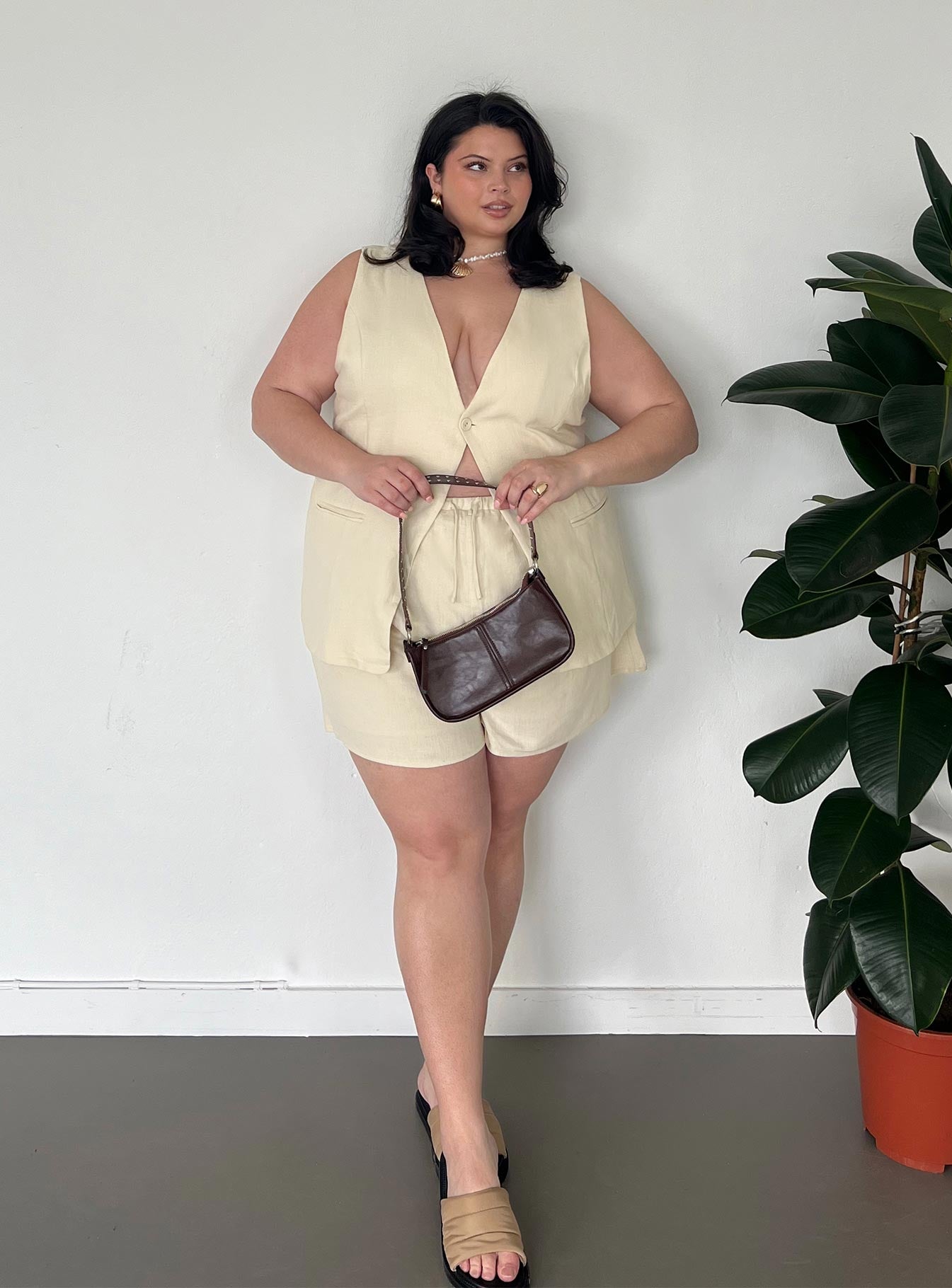 front view of model wearing Princess Polly This Summer Linen Blend Shorts Sand Curve High Waisted Shorts 