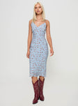 front view of model wearing Princess Polly Forsell Maxi Dress Blue Floral V-Neck 