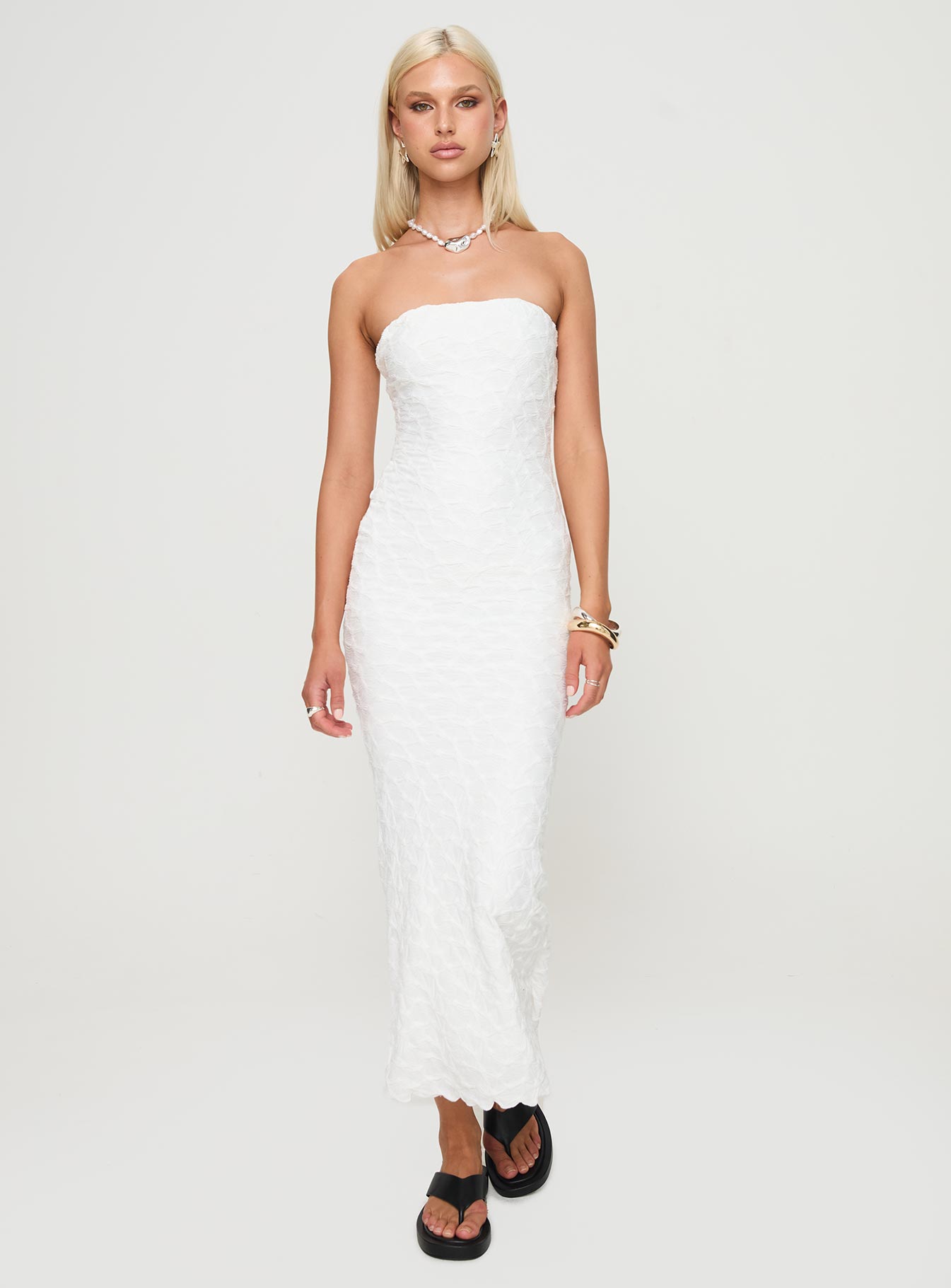 front view of model wearing Princess Polly Jaxx Strapless Maxi Dress White Straight Neck 