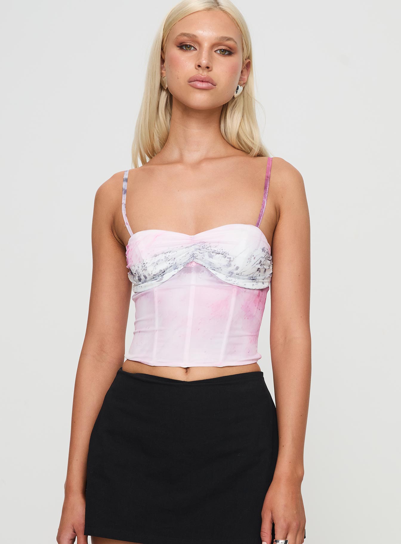 front view of model wearing Princess Polly Sakura Top Multi Sleeveless Sweetheart 