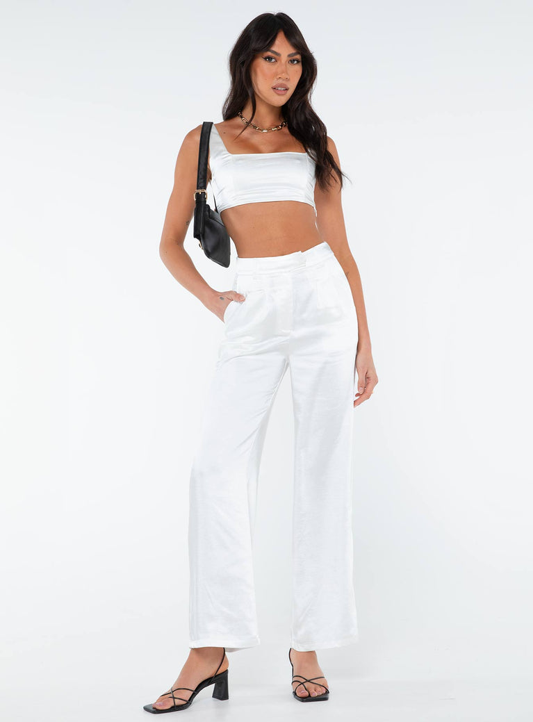 Matching set Silky material  Crop top Invisible zip fasting at side High waisted pants Wide relaxed leg Belt loops at waist