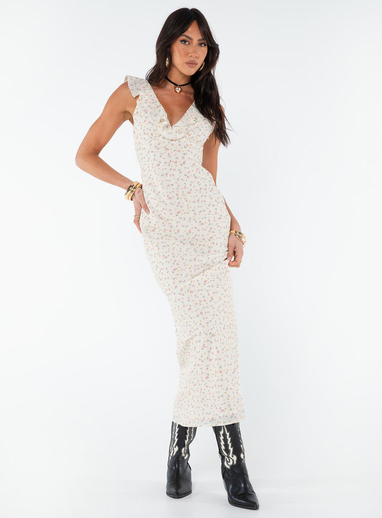 Floral print maxi dress, slim fitting Cap sleeve, v-neckline, invisible zip fastening at side
