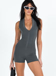 Romper Plunging neckline Zip fastening at front Good stretch Fully lined 