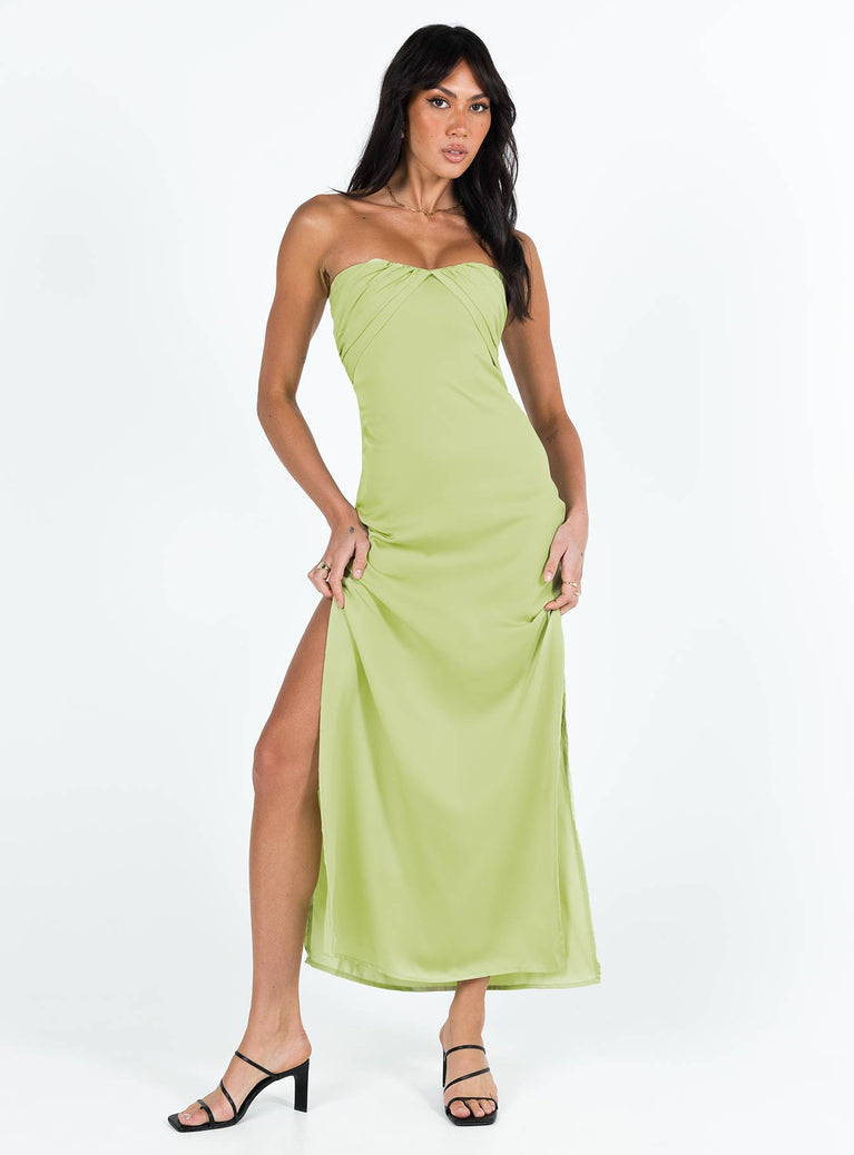 Strapless maxi dress Inner silicone strip at bust Pleated detail at bust Invisible zip fastening at side Split hem at side