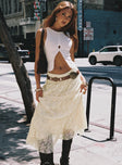   side view of model wearing Princess Polly Oh Plisse Maxi Skirt Cream Maxi 