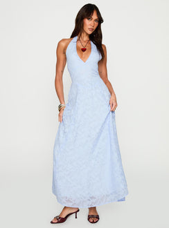 front view of model wearing Princess Polly Hours In Silence Drop Waist Maxi Dress Blue Plunger 