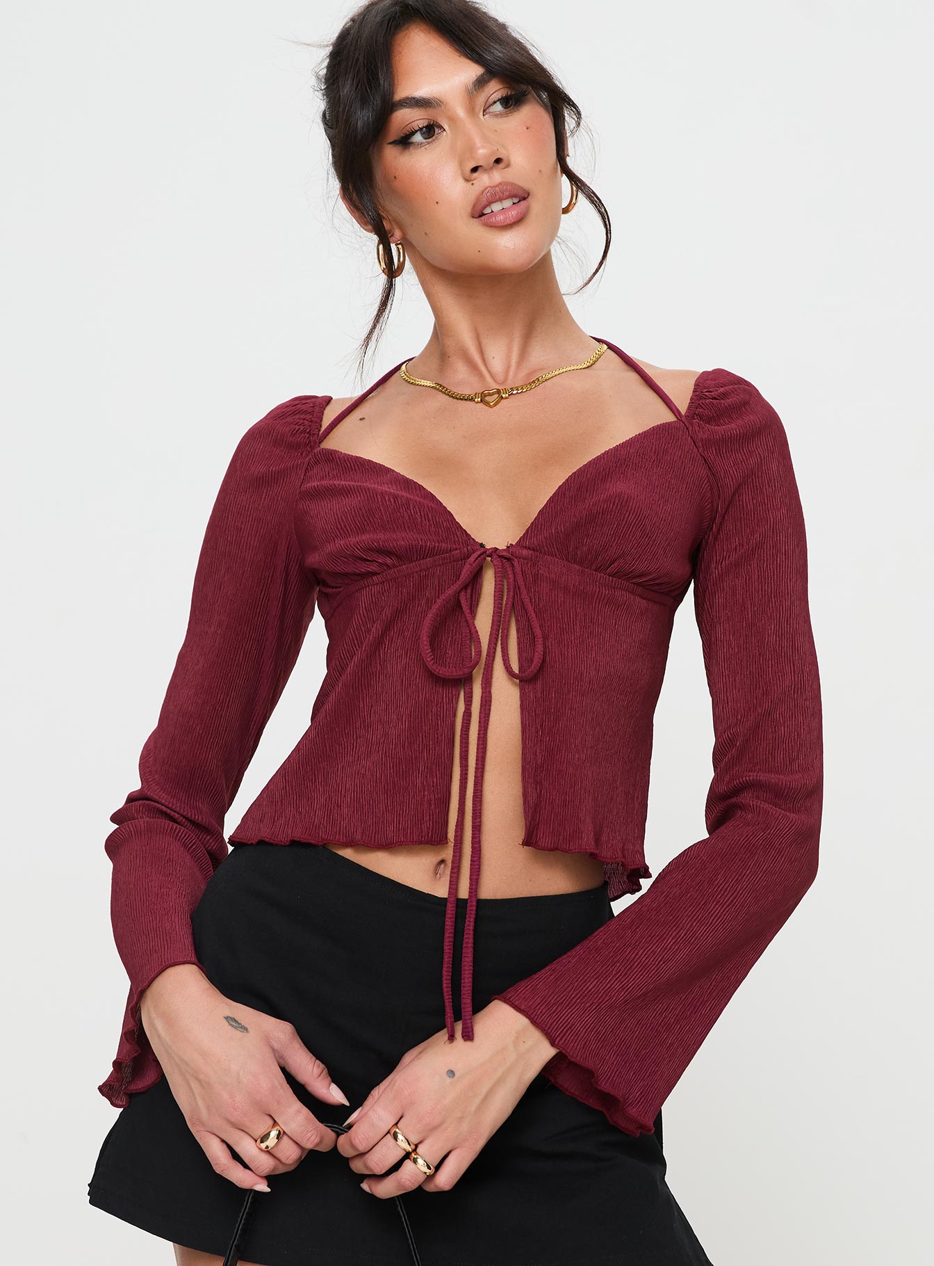 Chantria long sleeve halter top burgundy