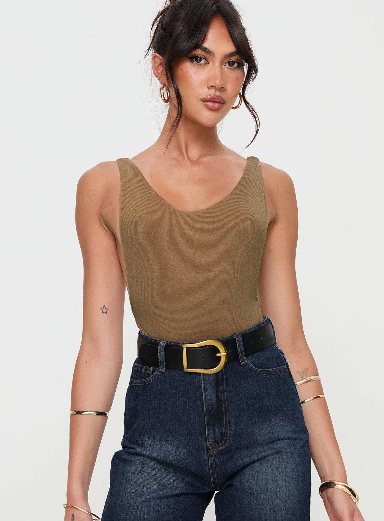 front view of model wearing Princess Polly Yolando Bodysuit Taupe Sleeveless Scoop Neck 