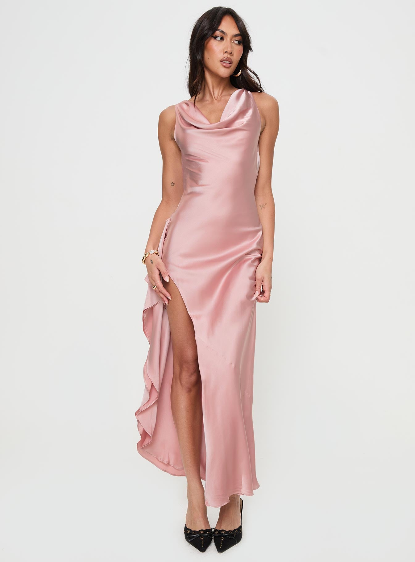 front view of model wearing Princess Polly Hold Me Tight Maxi Dress Pink Cowl Neck 