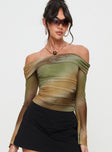 front view of model wearing Princess Polly Lotta Off The Shoulder Top Green Full Sleeves straight 