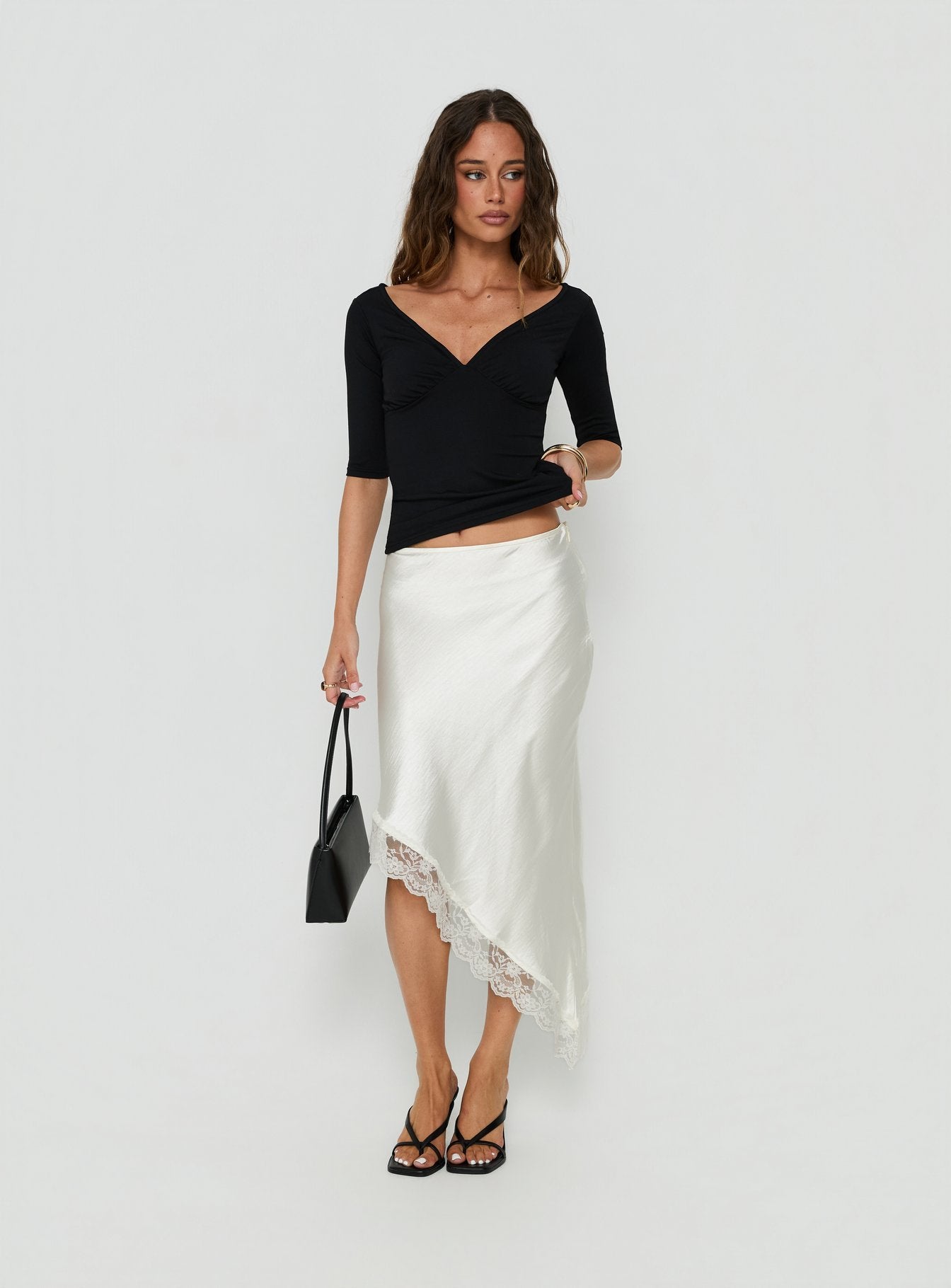 Koletta Asymmetrical Lace Trim Satin Midi Skirt Ivory | Princess Polly