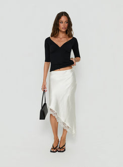 Koletta Asymmetrical Lace Trim Satin Midi Skirt Ivory