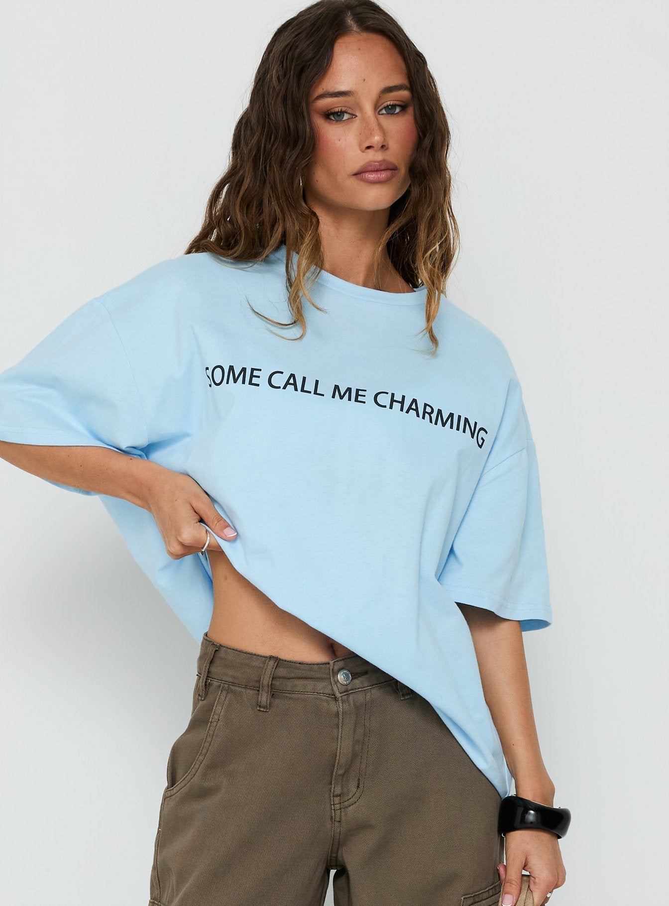 Some Call Me Charming Oversized Graphic Tee Light Blue