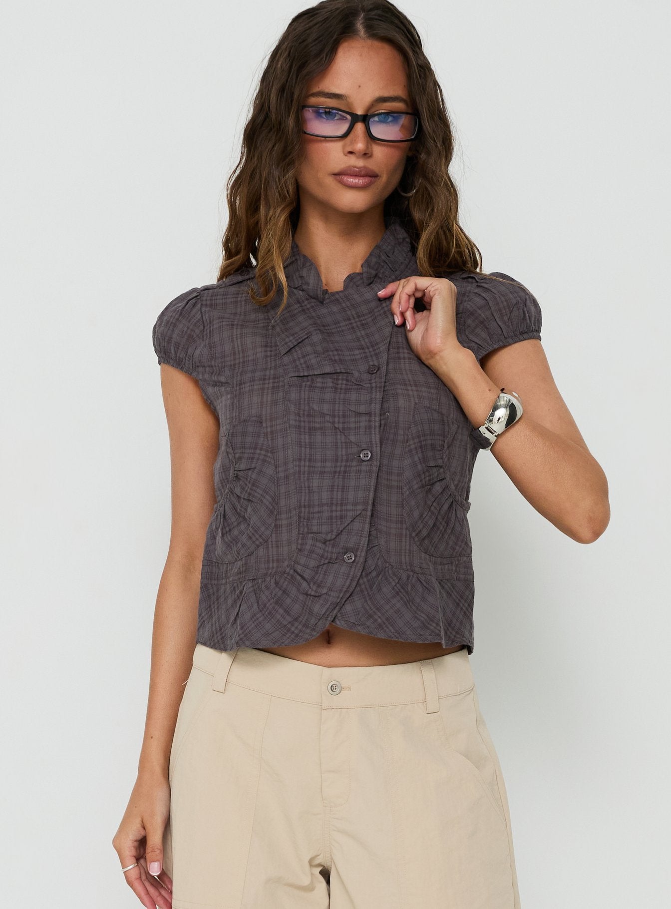 Aryalda Cap Sleeve Blouse Top Multi Check