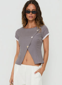 Margherite Asymmetrical Button Detail Short Sleeve Top Grey Stripe