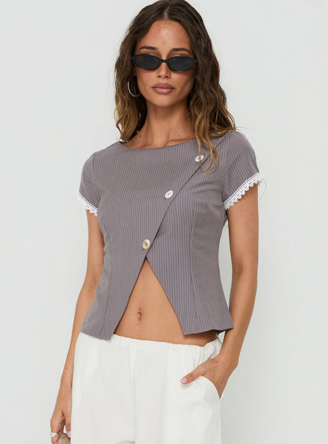 Margherite Asymmetrical Button Detail Short Sleeve Top Grey Stripe