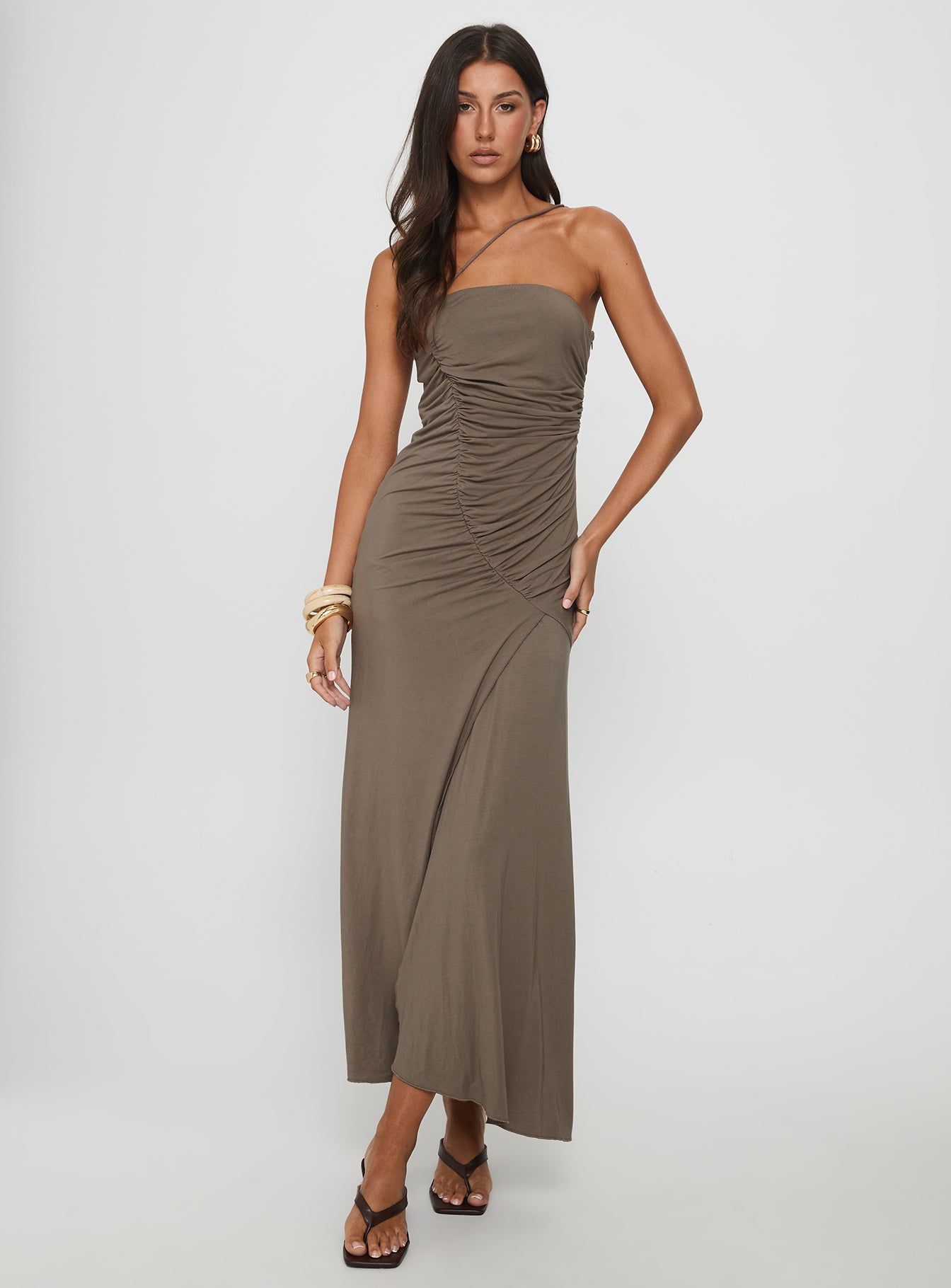 Romanie One Shoulder Ruched Maxi Dress | Taupe | Womens | Princess Polly Romanie One Shoulder Ruched Maxi Dress | Taupe | Womens | Princess Polly