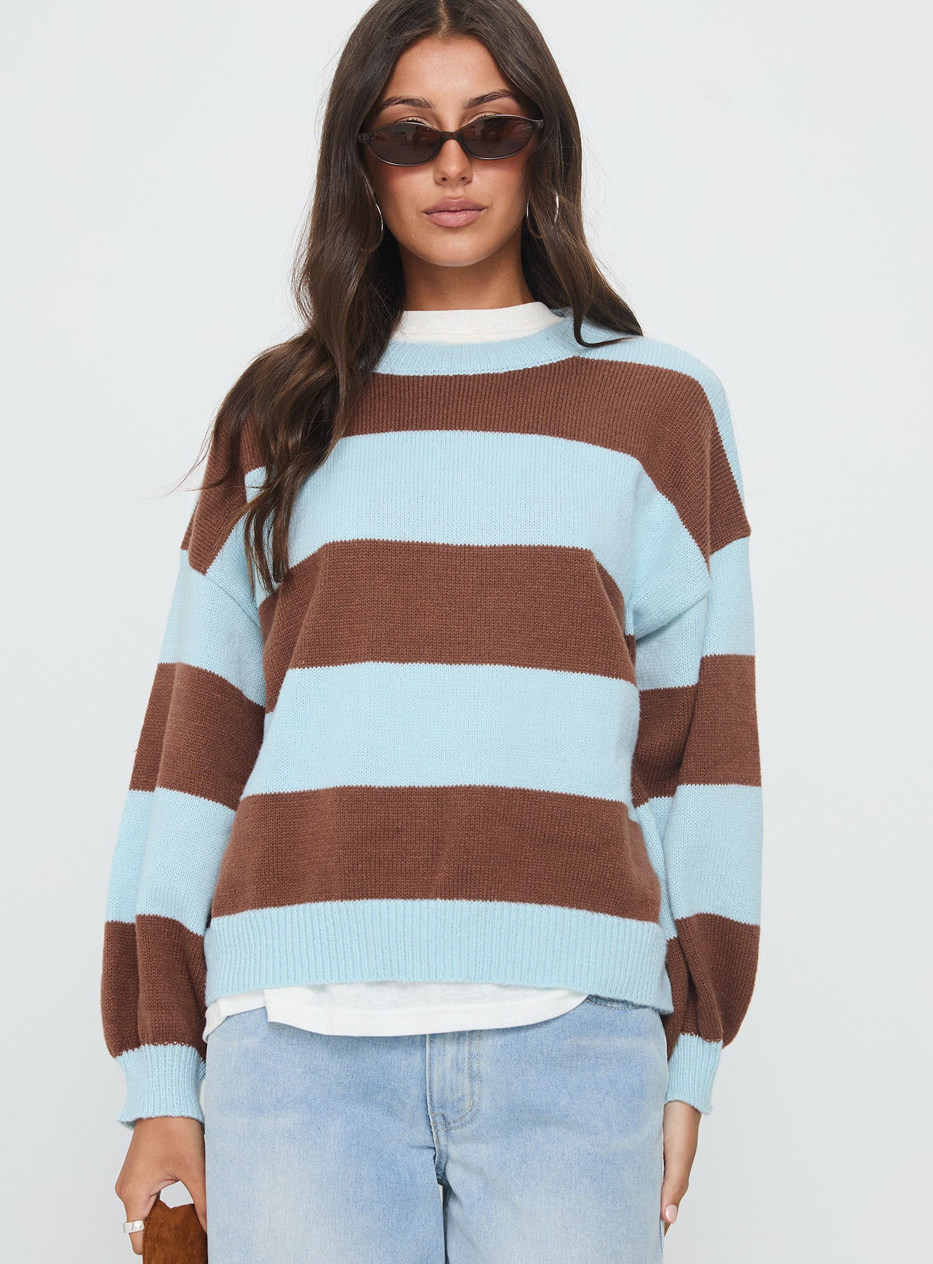 front view of model wearing Princess Polly Ardentia Crew Neck Knit Sweater Aqua Stripe Longline Jumpers 