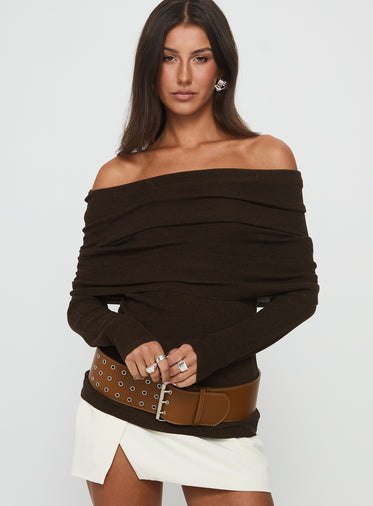Florrie Off Shoulder Foldover Long Sleeve Top Chocolate