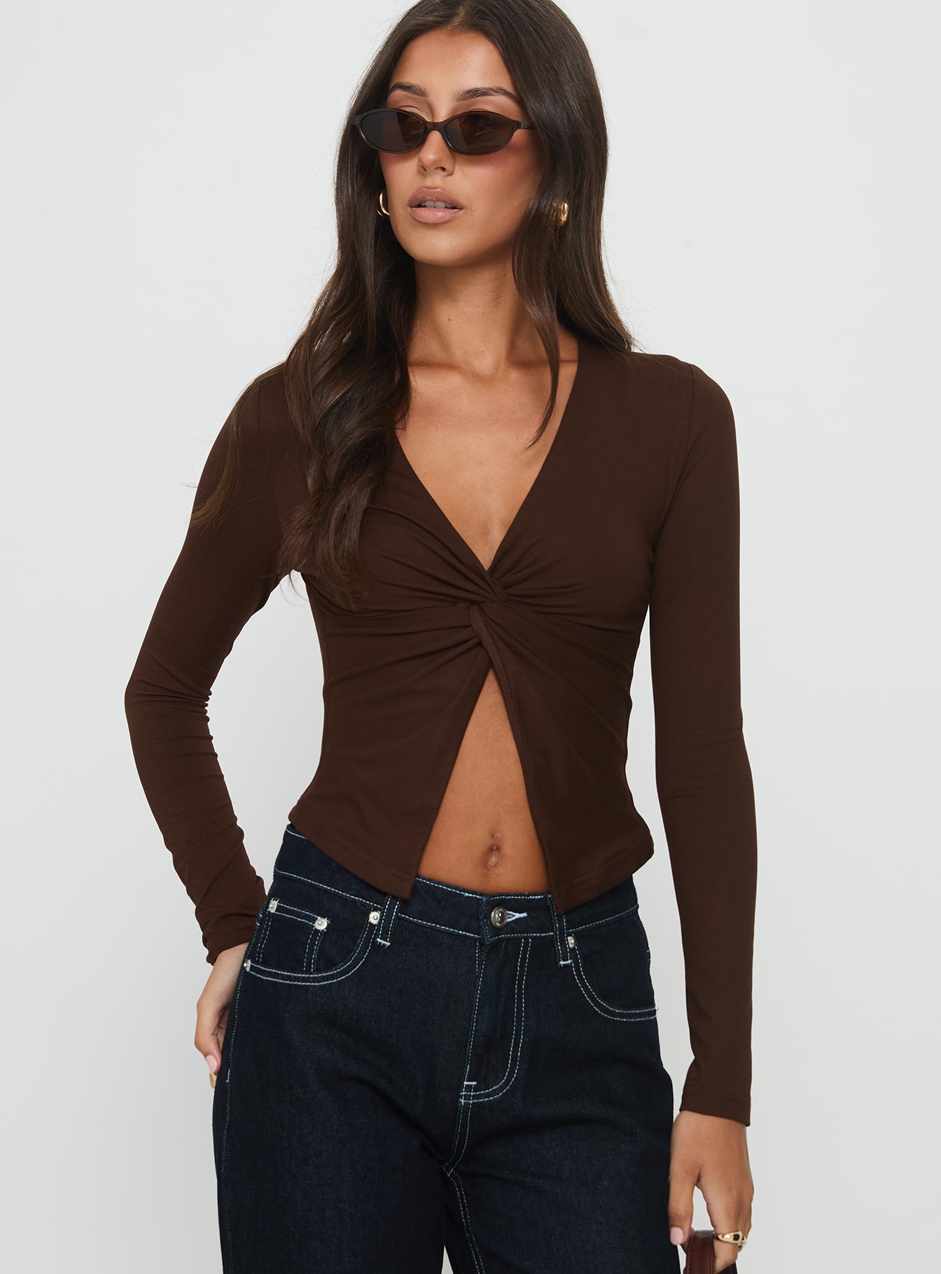 No Hard Feelings Twist Long Sleeve Top Brown | Princess Polly