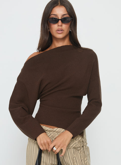 front view of model wearing Princess Polly Kaelith Off Shoulder Knit Sweater Brown Longline Jumpers 