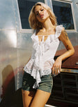 side view of model wearing Princess Polly Francia Frill Top White Short Sleeves Square Neck 