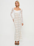 Long sleeve lace maxi dress Pinched bust detail, halter neck tie fastening, sheer sleeves,&nbsp;high slit in hem