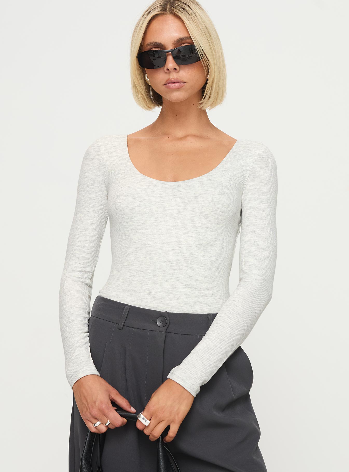 front view of model wearing Princess Polly Greener Long Sleeve Bodysuit Grey Full Sleeves Crew Neck 