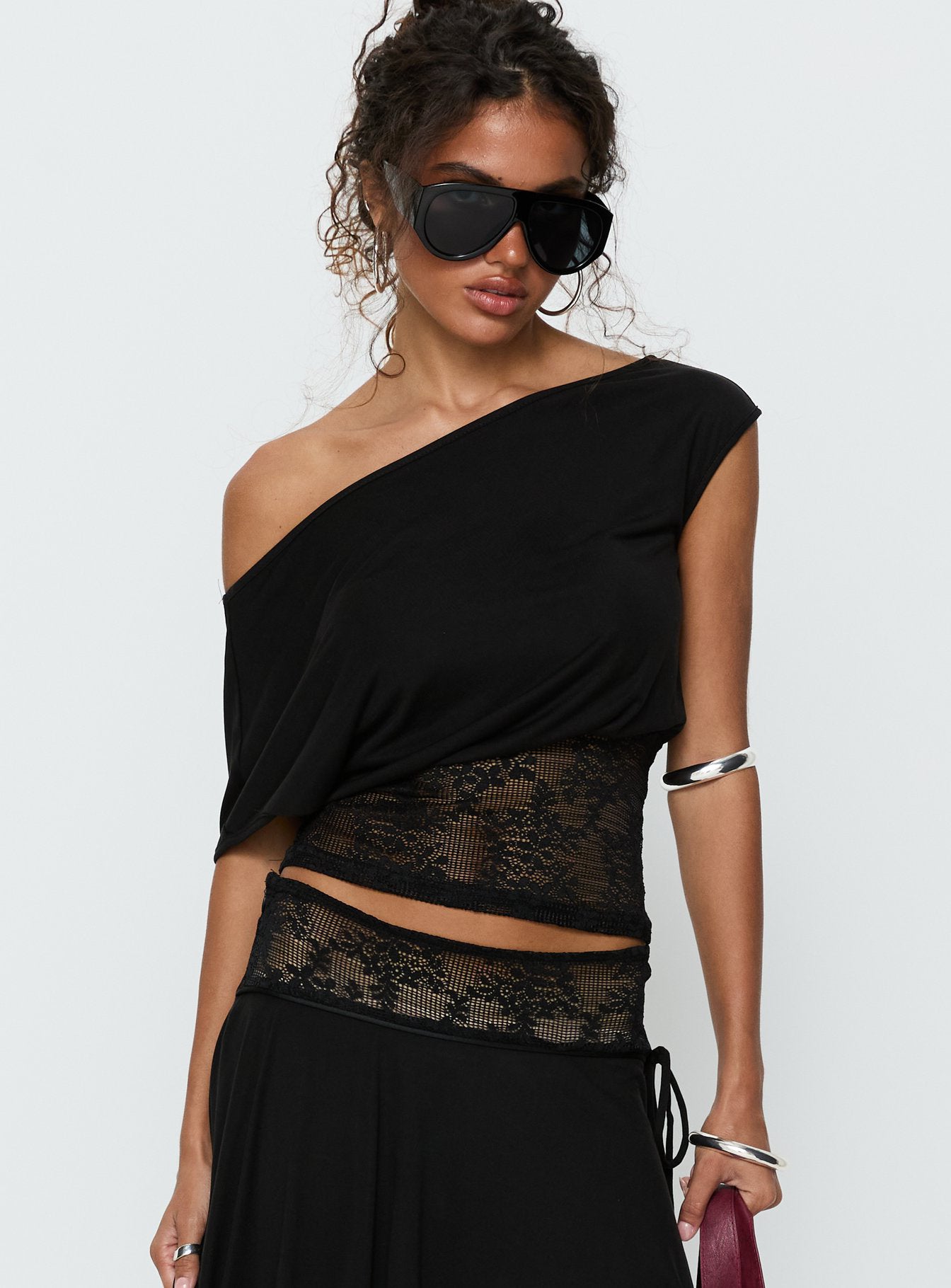 Marienna One Shoulder Lace Top Black | Princess Polly